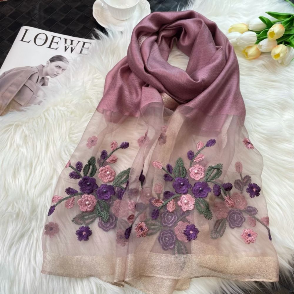 (紫)新款海棠花絲巾圍巾優雅海棠花刺繡