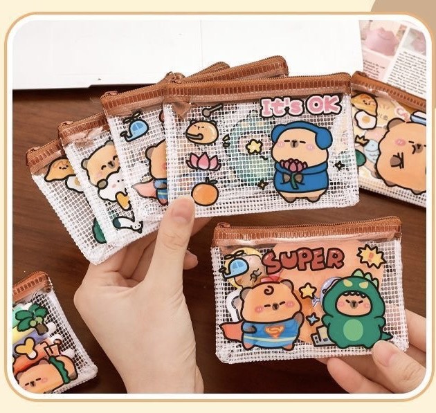 (5入)卡通水豚PVC網格零錢包(不挑款)小物件收納袋 約11*8 