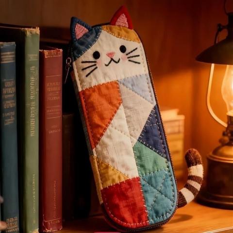 日系可愛貓咪拼色布藝筆袋 高顏值ins便攜少女心隨身收納包 