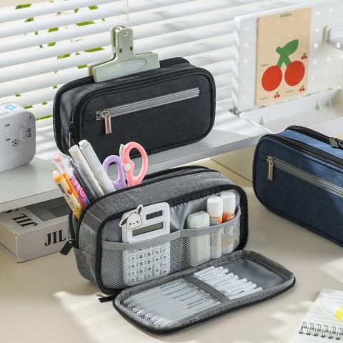 (藍色)功能雙層大容量筆袋（三層文具收納鉛筆盒